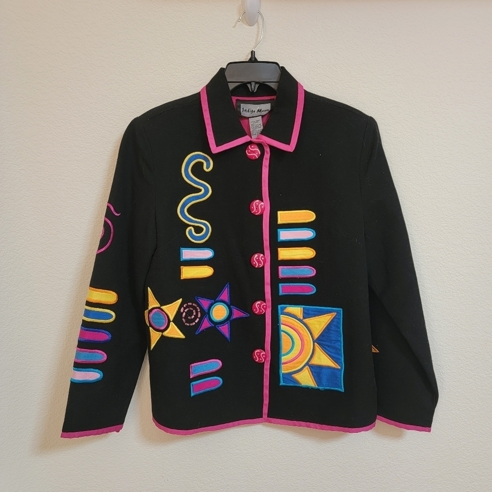 Indigo Moon Womenโs Artsy Abstract Appliquรฉ Embroidered Button Lined Jacket Sz S